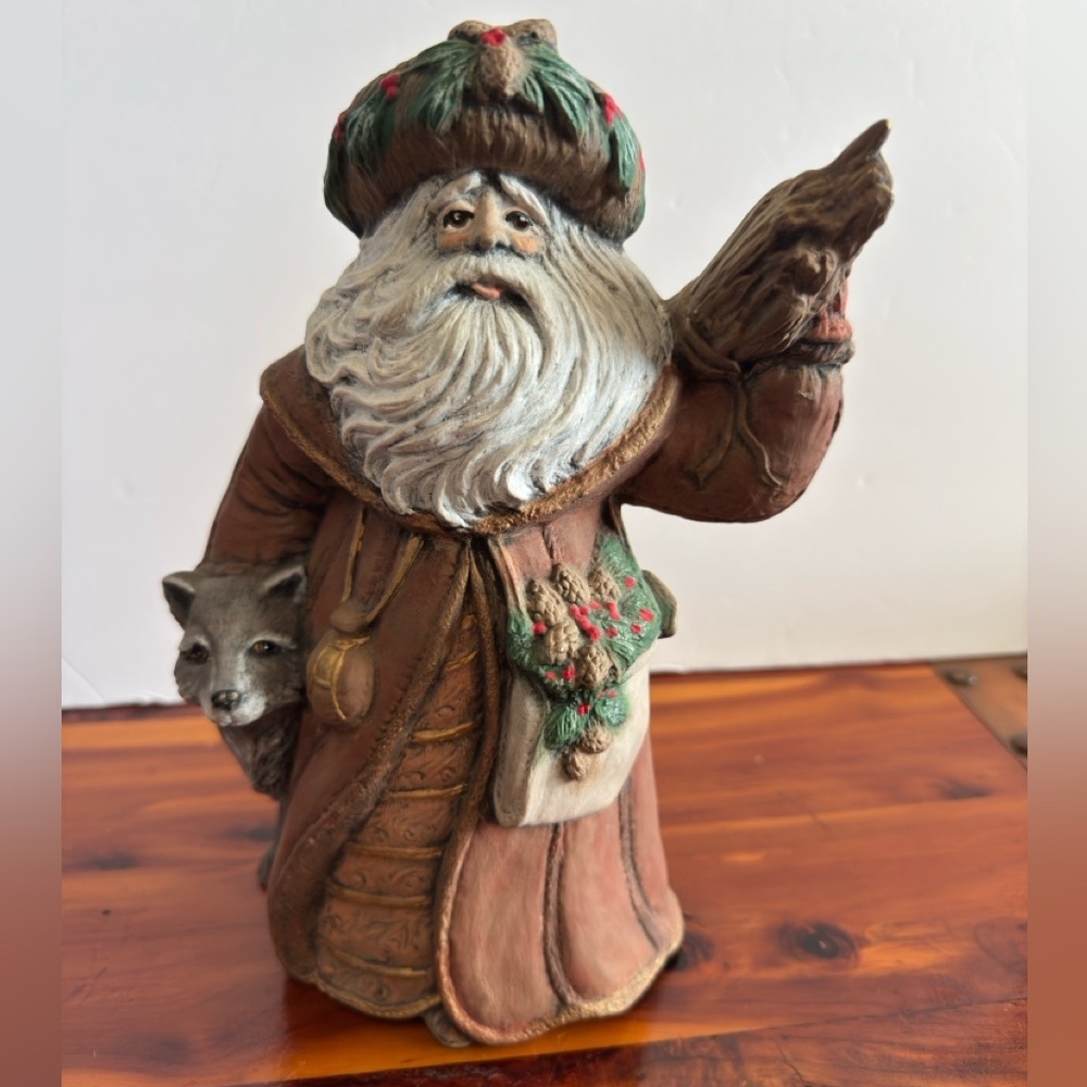 Rustic Woodland Santa Figurine 10” Wolf Hand Painted Ceramic Christmas Decor